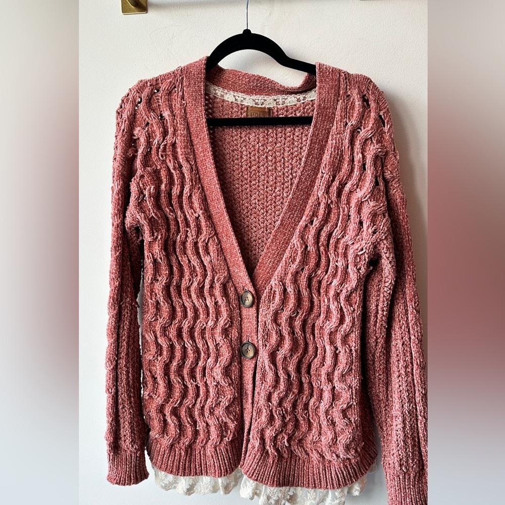 POL Lace Trim Chenille Cardigan Pink Size M 22” P2P | 215